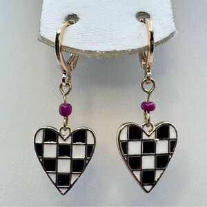 Gold Tone Checkered Heart Enamel Dangle Earrings Cute Y2K Statement